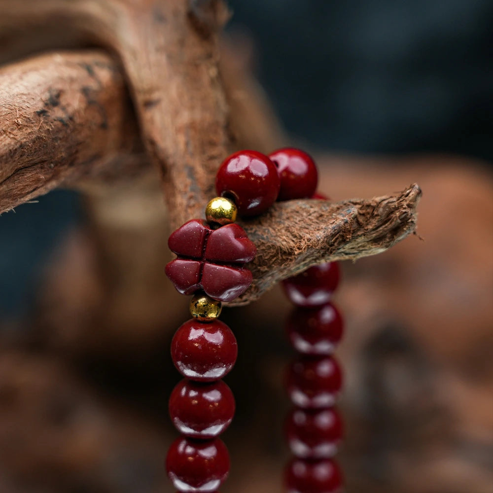 8mm Cinnabar Purple Gold Sand Four-Leaf Clover Bracelet - Joy & Luck Style