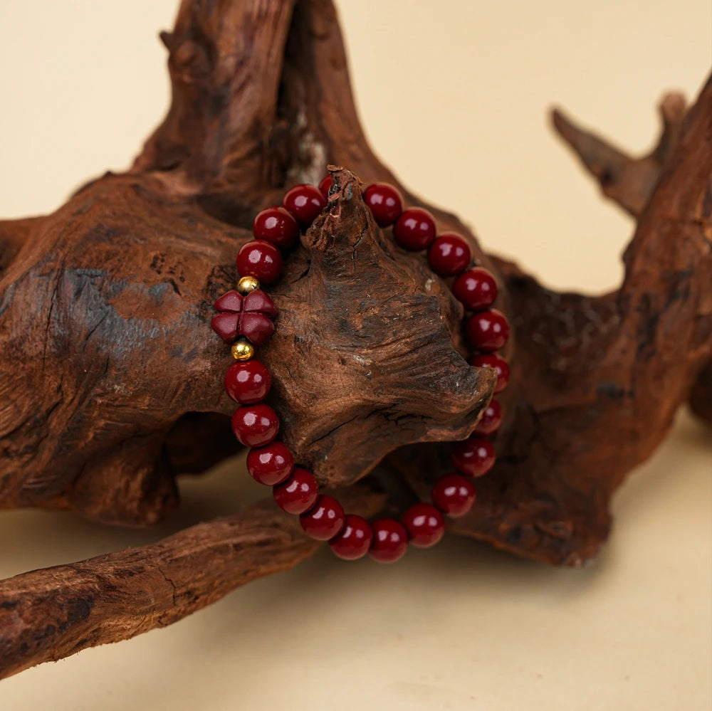 8mm Cinnabar Purple Gold Sand Four-Leaf Clover Bracelet - Joy & Luck Style