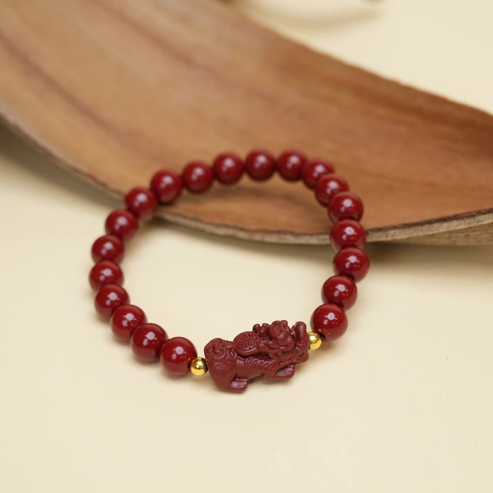 8mm Cinnabar Purple Gold Sand Pixiu Bracelet - Wealth Blessing Style