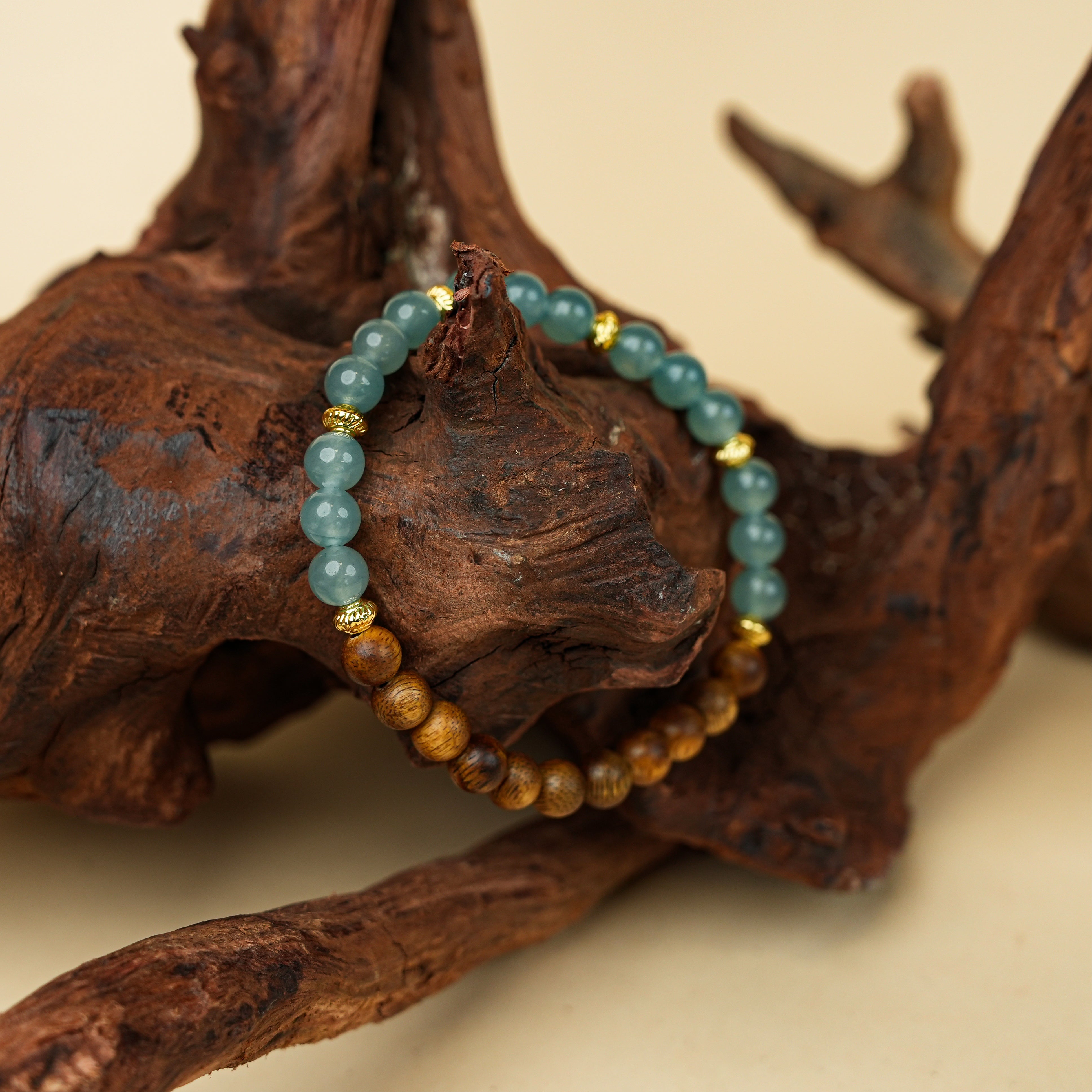 6mm Blue Water Jade Agate Agarwood Single Loop Bracelet - Zen Chinese Style