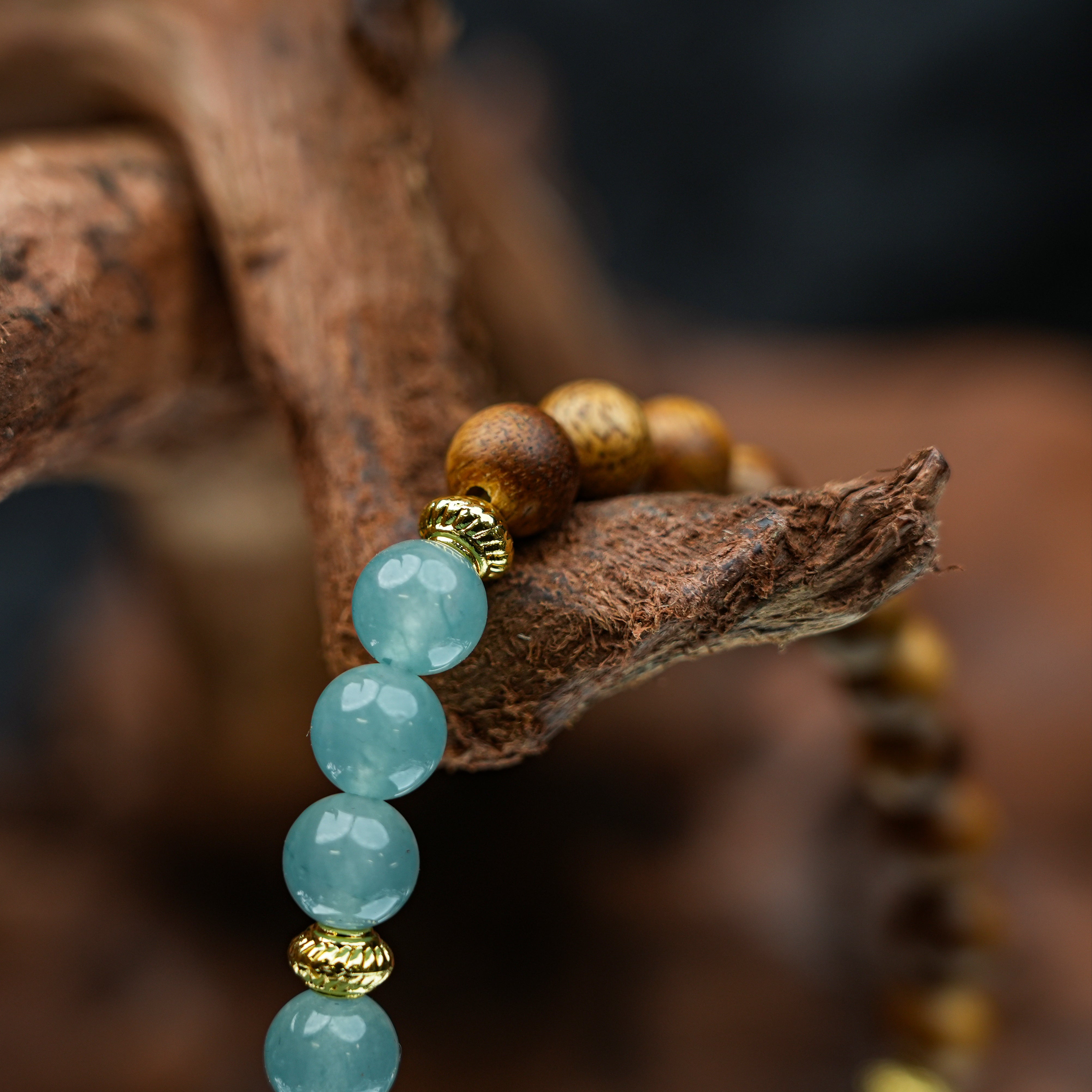 6mm Blue Water Jade Agate Agarwood Single Loop Bracelet - Zen Chinese Style