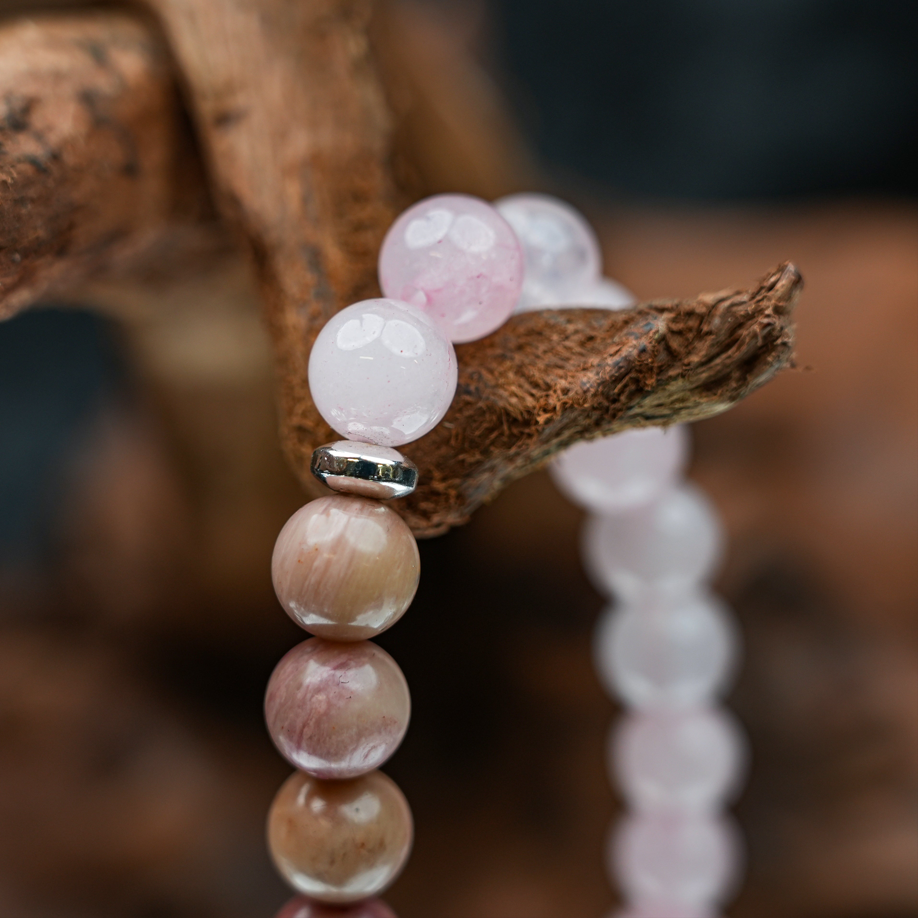 Red Wood Grain Rose Quartz Bow Bracelet - Sweet Girly Style