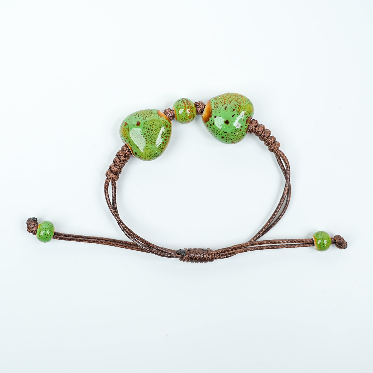 Ceramic Round Bead Bracelet (Green Gradient Glaze, Fresh & Natural, Adjustable Cord)