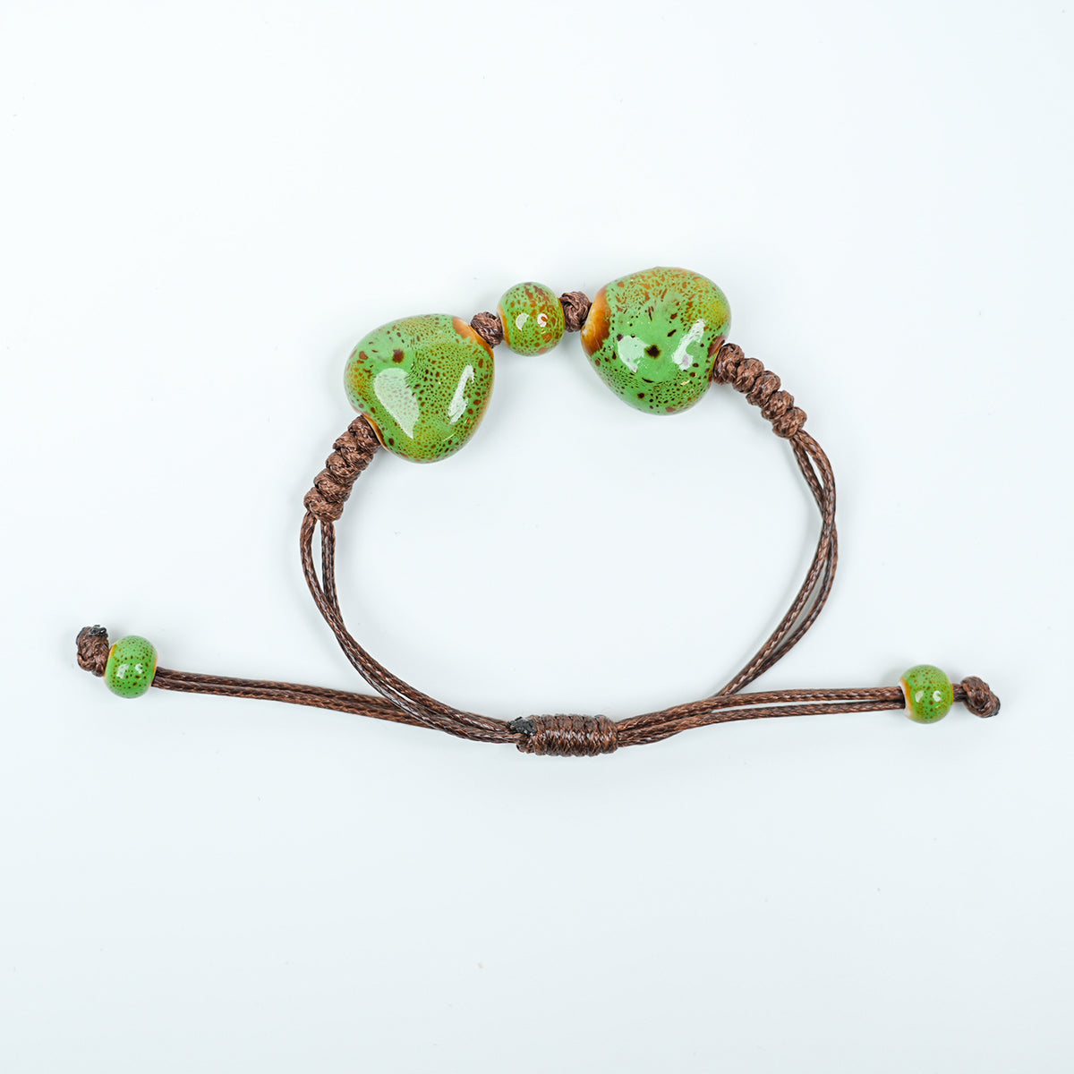 Ceramic Round Bead Bracelet (Green Gradient Glaze, Fresh & Natural, Adjustable Cord)