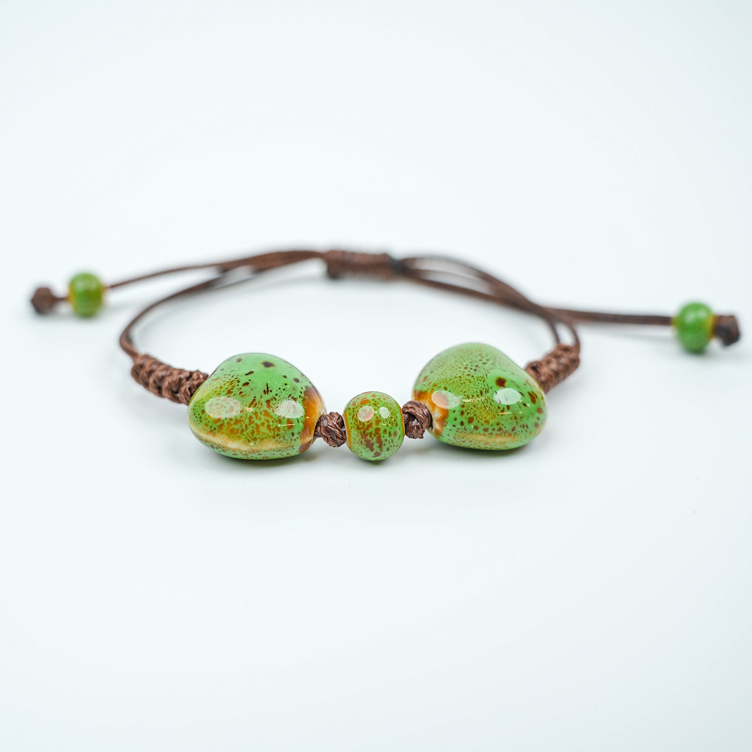 Ceramic Round Bead Bracelet (Green Gradient Glaze, Fresh & Natural, Adjustable Cord)