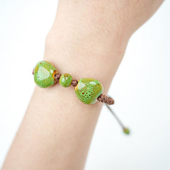 Ceramic Round Bead Bracelet (Green Gradient Glaze, Fresh & Natural, Adjustable Cord)