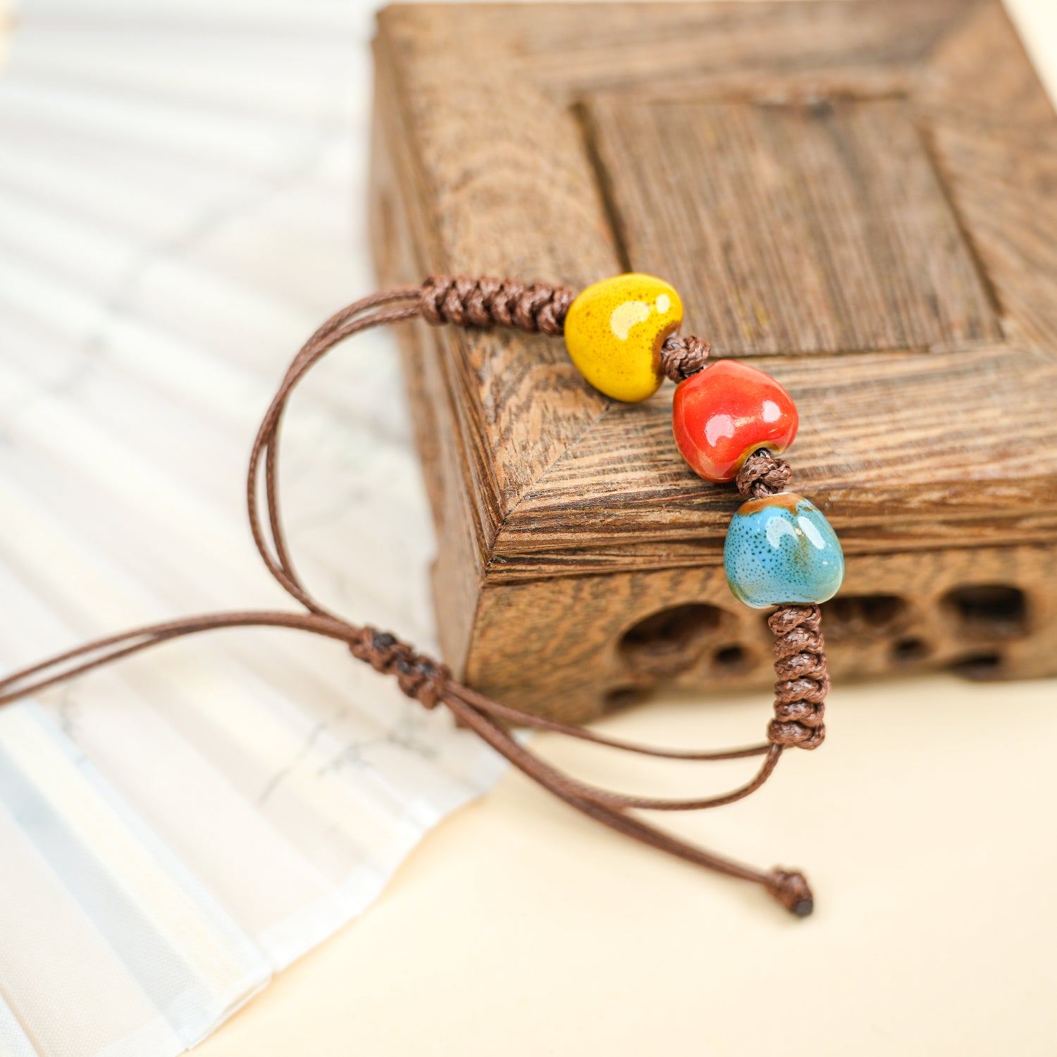 Ceramic Heart Bead Bracelet (Multicolor Glaze, Sweet & Gentle, Adjustable Cord)