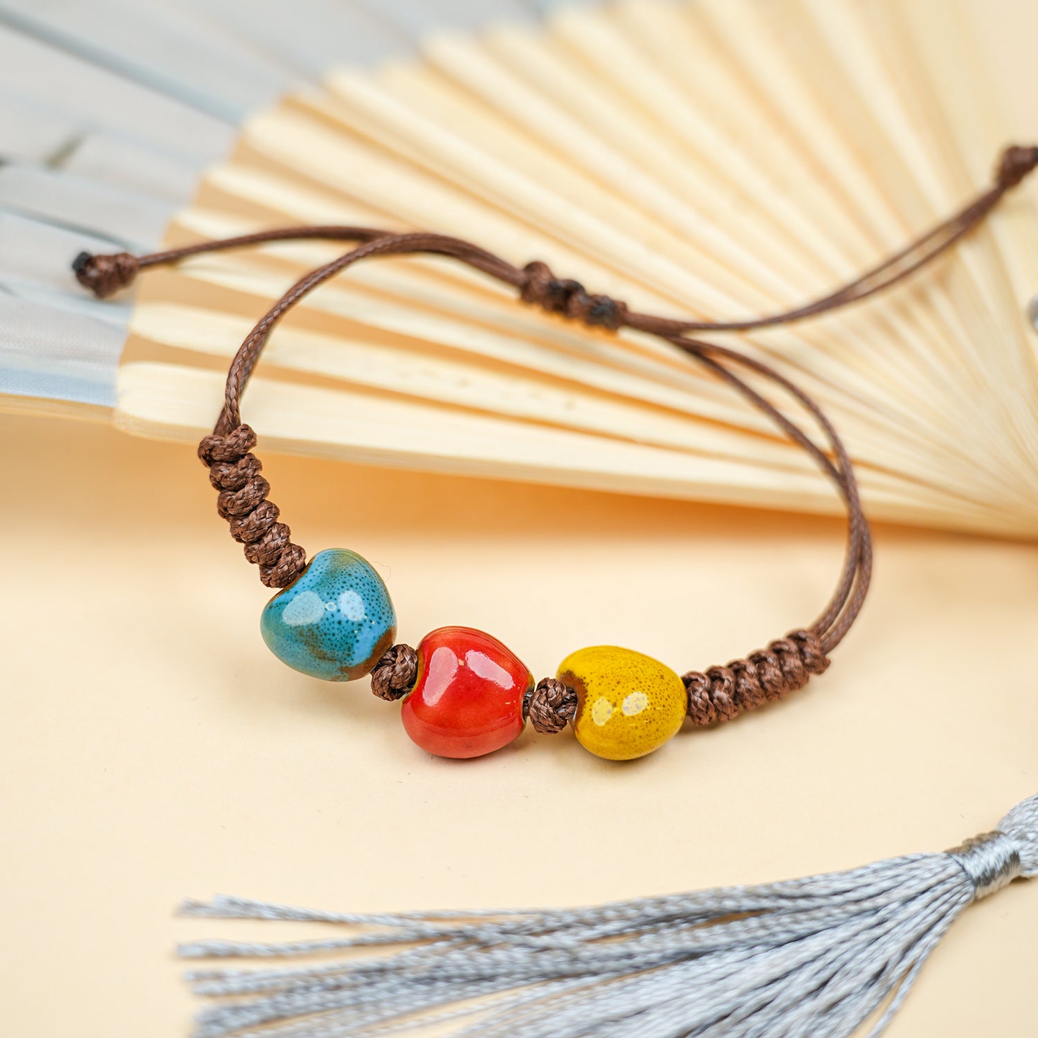 Ceramic Heart Bead Bracelet (Multicolor Glaze, Sweet & Gentle, Adjustable Cord)